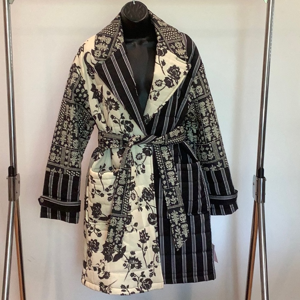 NWT Avec Les Filles Wool/Cotton Blend Mixed Print Quilted Coat, Snap Closure - Picture 8 of 15